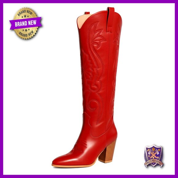 Knee High Cowboy Boots Western Chunky Heel Pointed Toe Embroidered Retro